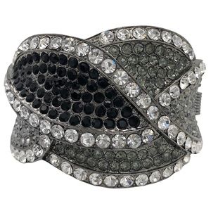 Black Grey Clear Rhinestone Wave Chunky Statement Hinged Bangle Bracelet